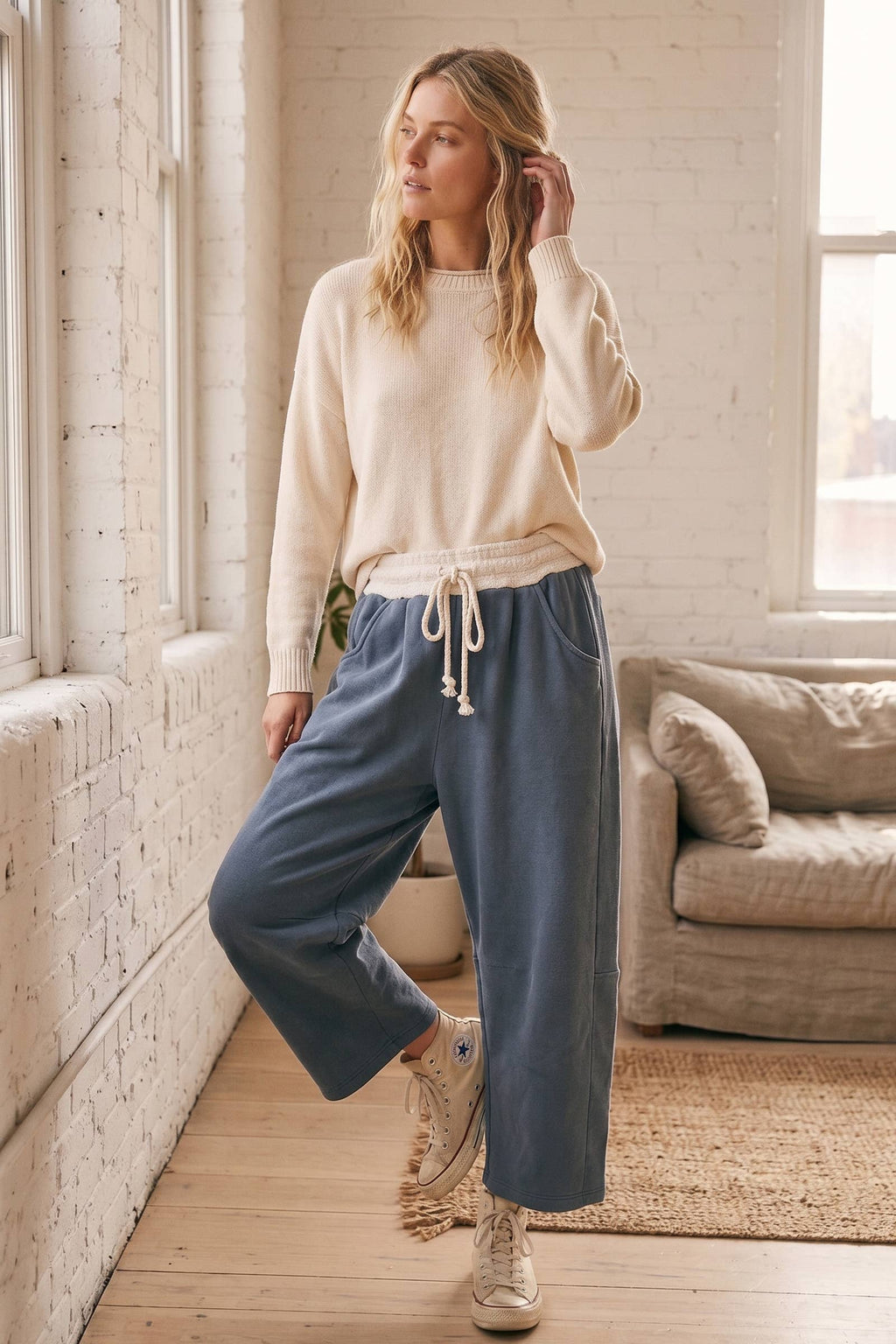 Fleece-Lined Oversized Barrel Leg Drawstring Pants