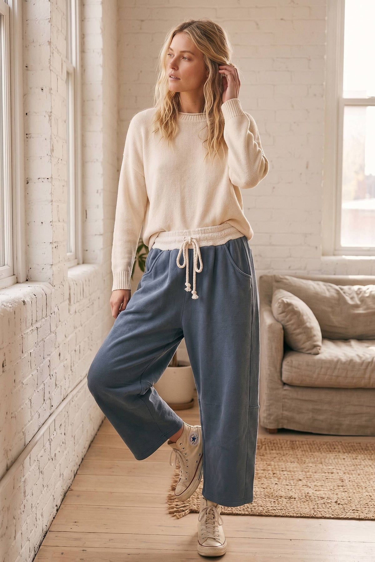 Fleece-Lined Oversized Barrel Leg Drawstring Pants