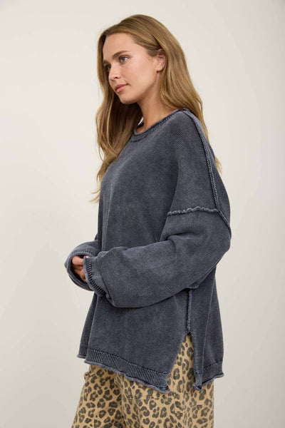WASHED RAW EDGE CREW NECK DROP SLEEVE SWEATER