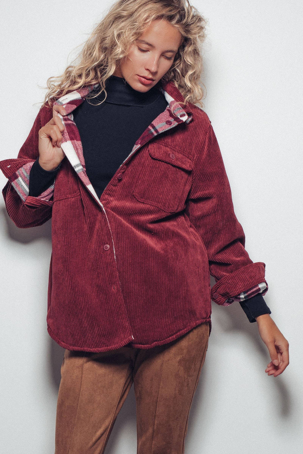 Plaid Lined Corduroy Flannel Shacket