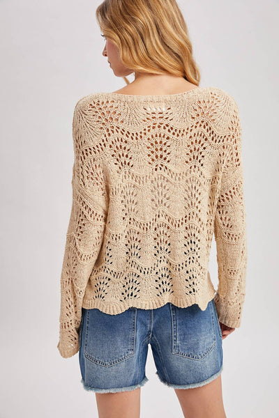 BOAT NECK SCALLOPED HEM OPEN KNIT SWEATER
