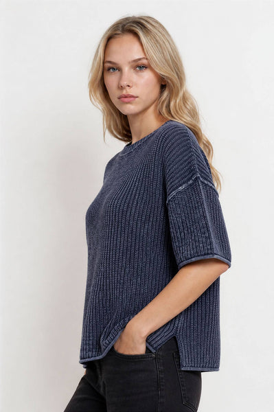WASHED CREW NECK RAW EDGE SHORT SLEEVE SWEATER