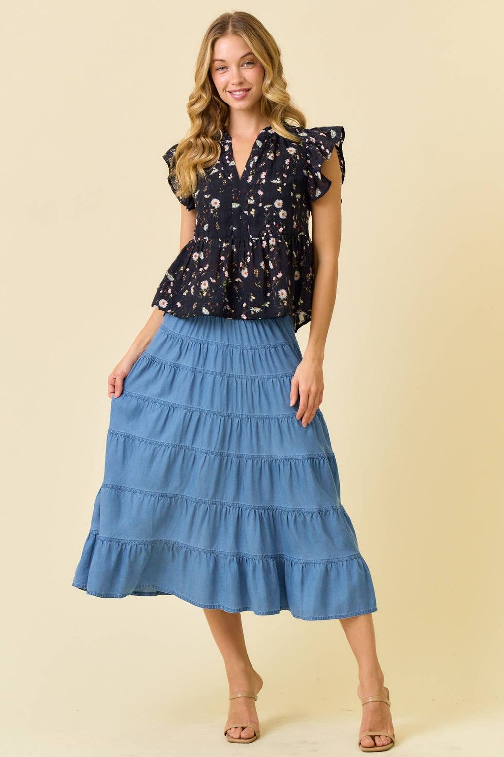 FLORAL PRINTED RUFFLE SLEEVE TOP - 45702T