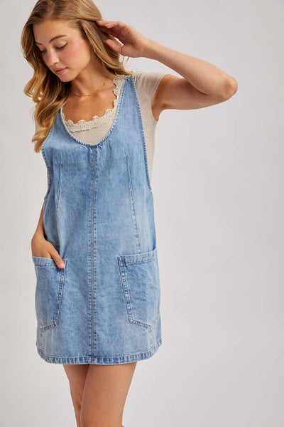 DENIM WASHED OVERALL POCKET DRESS