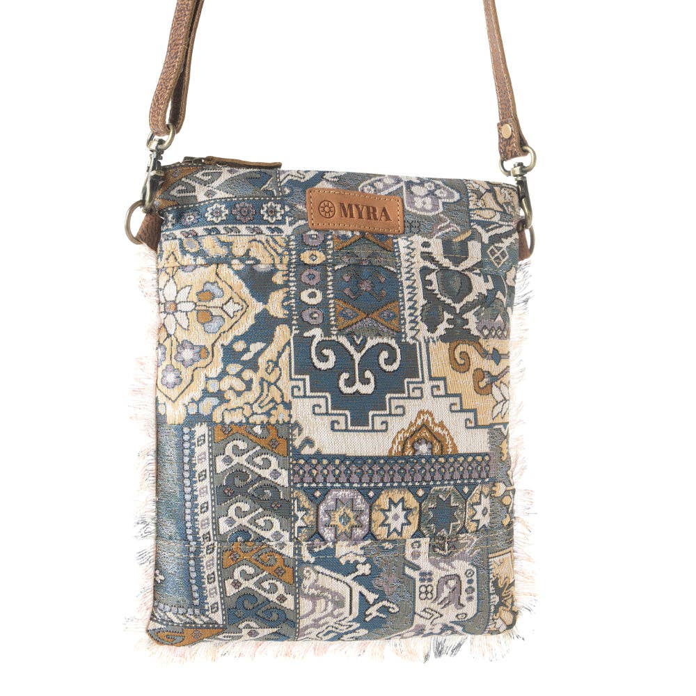 Loom Tapestry vintage crossbody Bag for Women in indigo with fringe detail