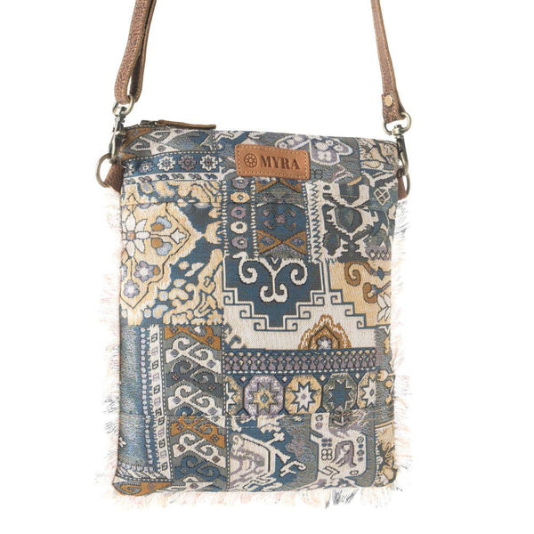 Loom Tapestry vintage crossbody Bag for Women in indigo with fringe detail