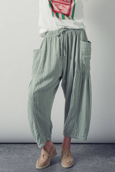 Striped Cotton Drawstring Harem Pants
