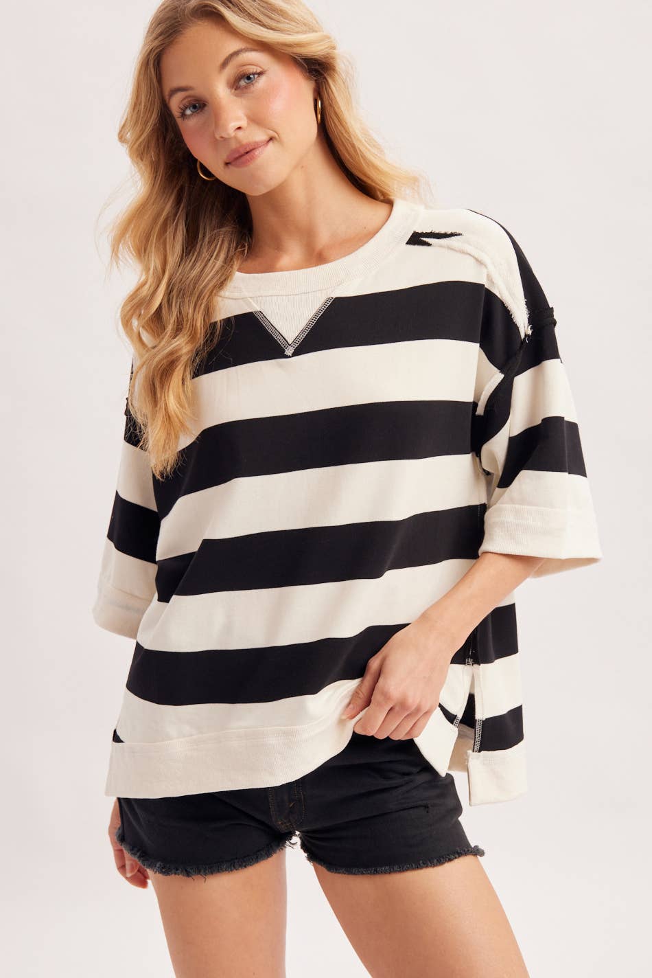 STRIPE OVERSIZED CREW NECK KNIT T-SHIRT TOP