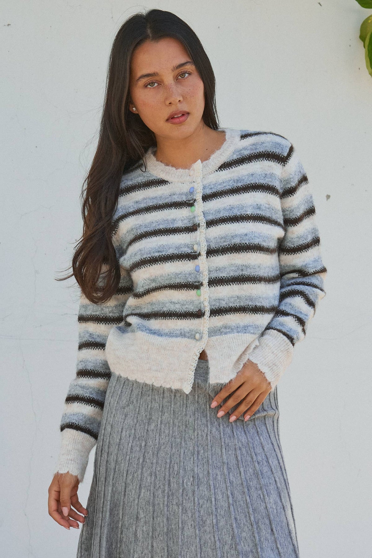 Lace Trim Striped Knit Cardigan With Candy Buttons