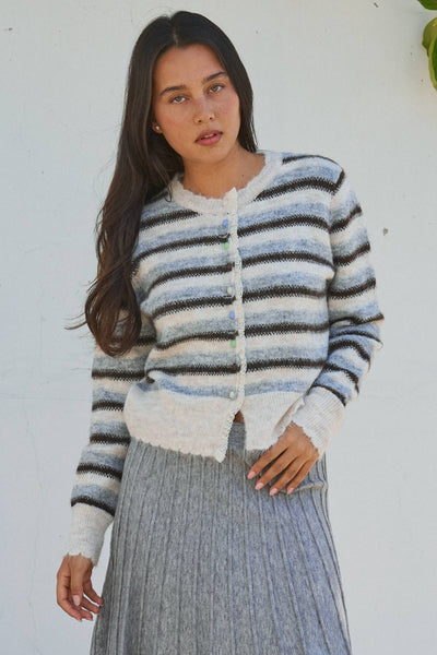 Lace Trim Striped Knit Cardigan With Candy Buttons