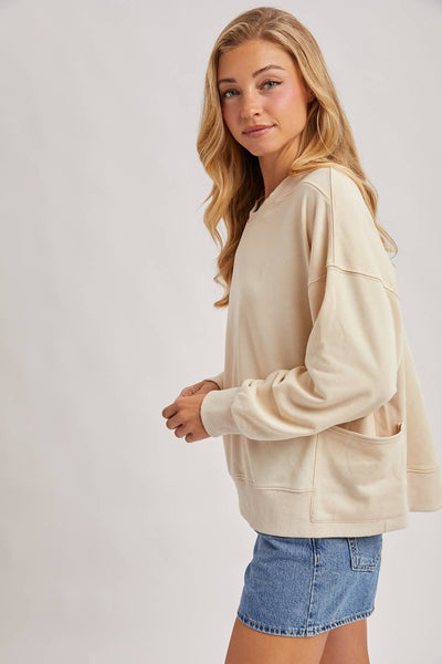 WASHED OVERSIZE KNIT SWEATSHIRT WITH POCKETS