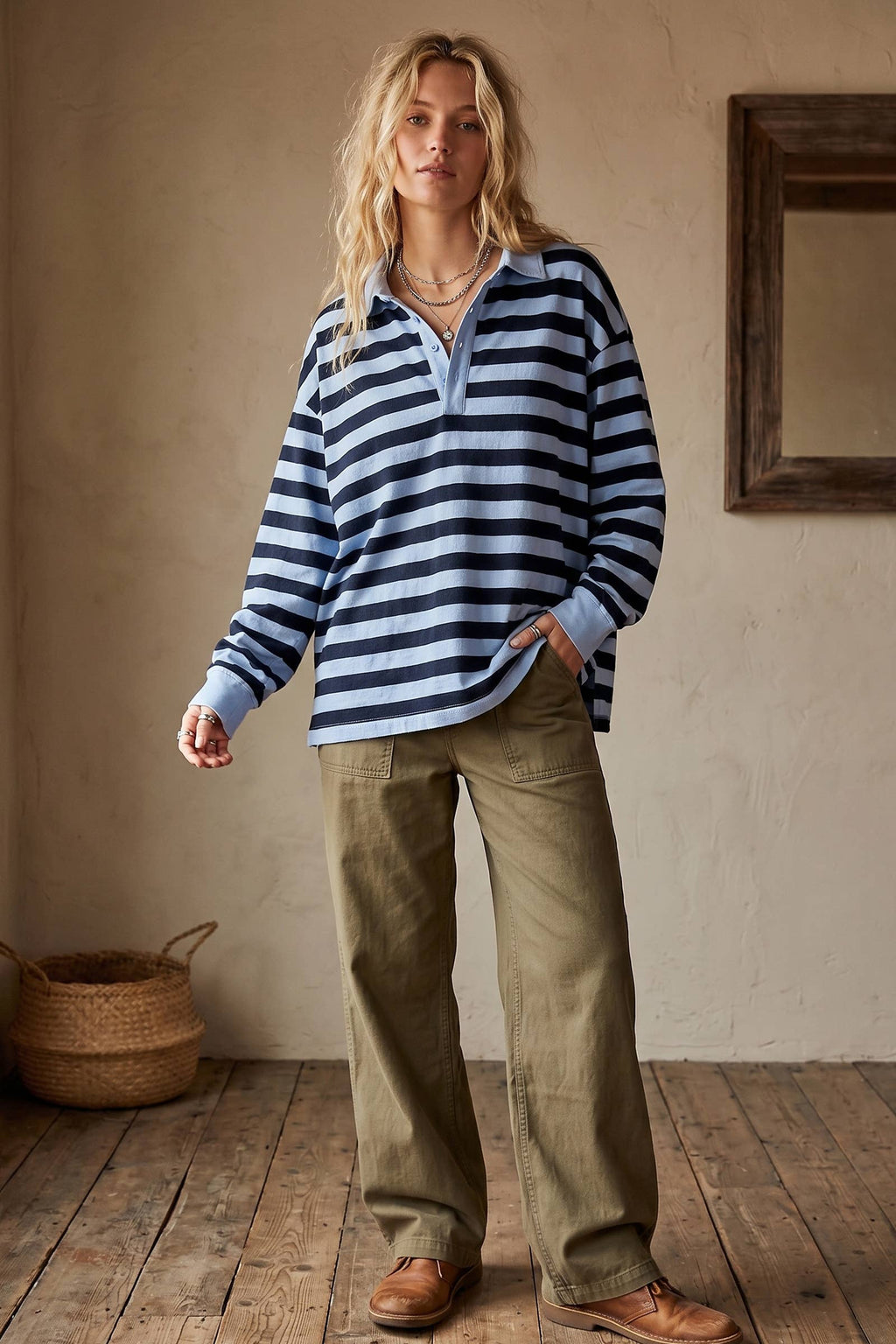 Oversized Stripe Rugby Polo Top