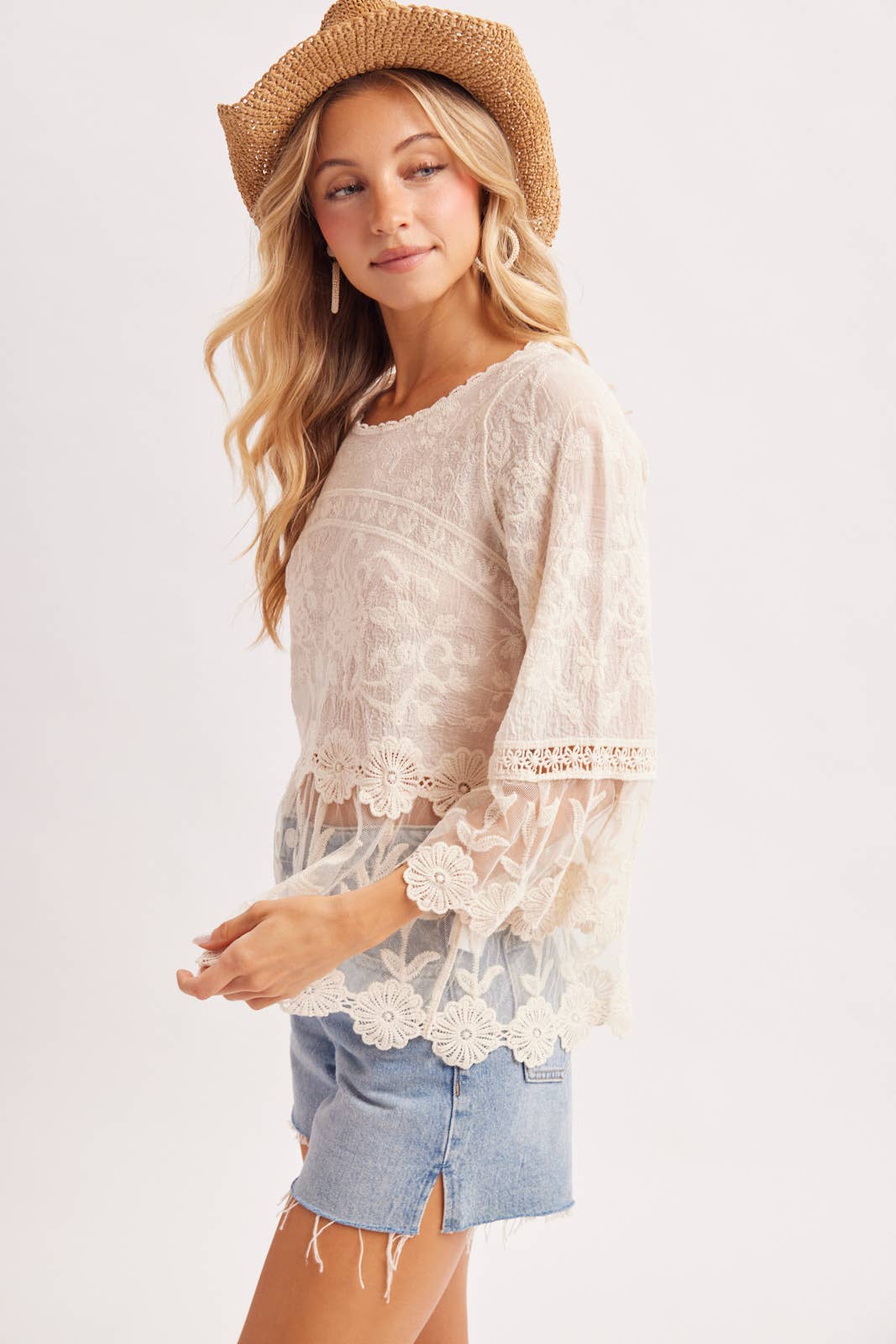 BOHO BELL SLEEVED PEPLUM CROCHET TOP