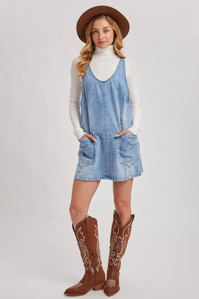 DENIM WASHED OVERALL POCKET DRESS