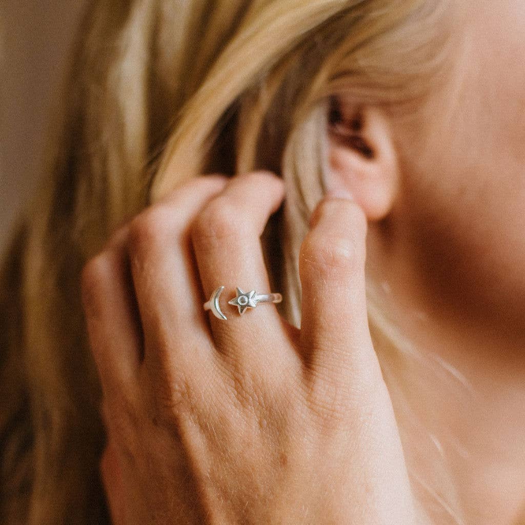 Adjustable Moon And Star Ring, Celestial Silver Ring