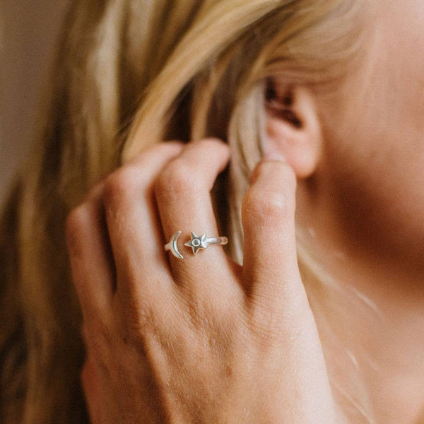 Adjustable Moon And Star Ring, Celestial Silver Ring