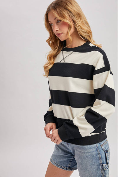 STRIPED BOXY CREW NECK KNIT SWEATSHIRT