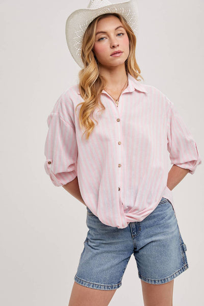 STRIPED BUTTON DOWN KNOTTED FRONT SHIRT
