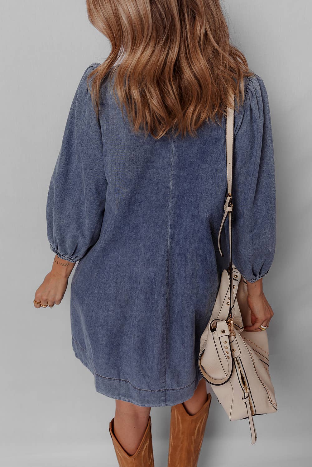 V Neck Pleated Denim Mini Dress