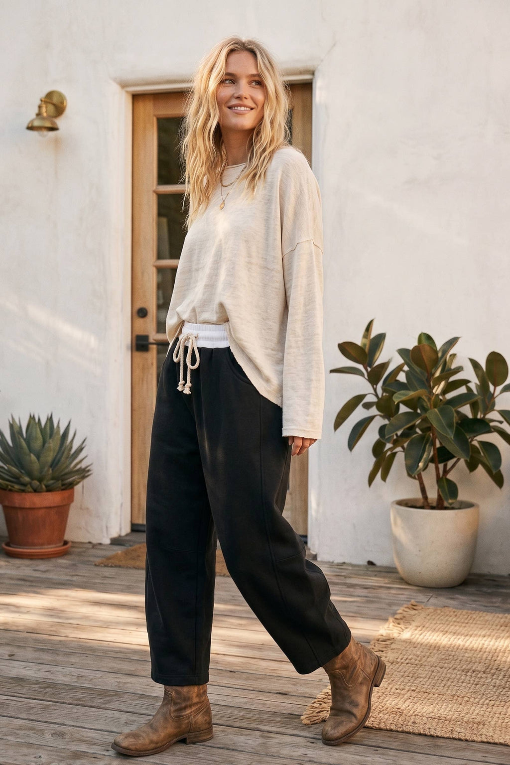 Fleece-Lined Oversized Barrel Leg Drawstring Pants