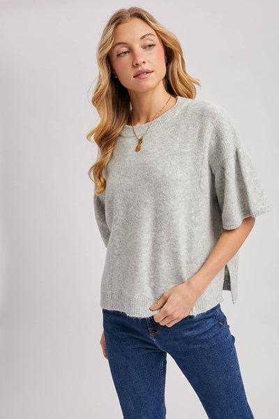 GATHERED SHORT SLEEVE BOXY KNIT SWEATER TOP