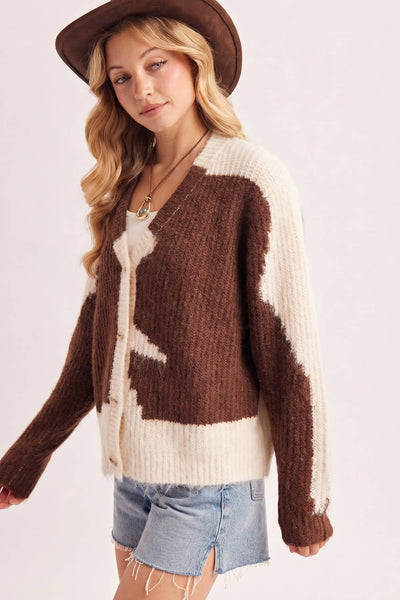 COWHIDE COLORBLOCK BUTTON DOWN FUZZY KNIT SWEATER CARDIGAN