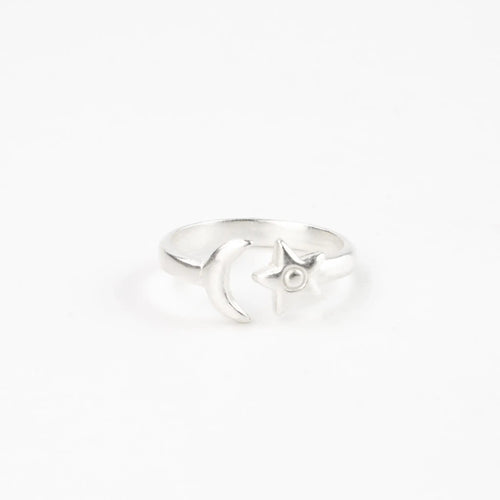 Adjustable Moon And Star Ring, Celestial Silver Ring