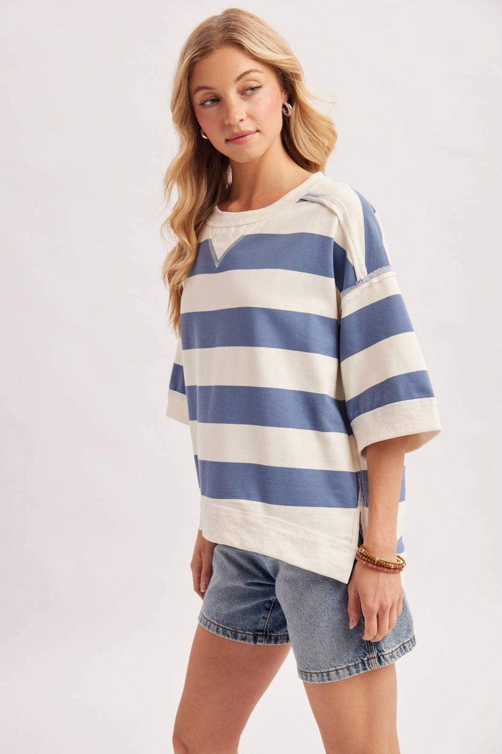 STRIPE OVERSIZED CREW NECK KNIT T-SHIRT TOP