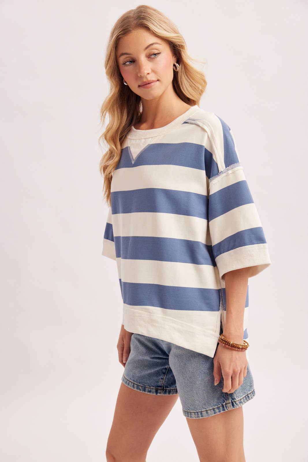 STRIPE OVERSIZED CREW NECK KNIT T-SHIRT TOP