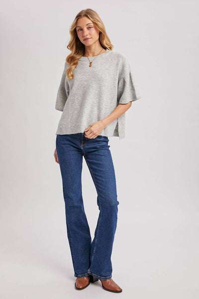 GATHERED SHORT SLEEVE BOXY KNIT SWEATER TOP