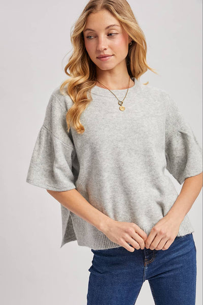 GATHERED SHORT SLEEVE BOXY KNIT SWEATER TOP