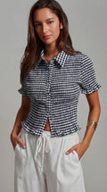 All-Over Smocked Gingham Button-Up Shirt