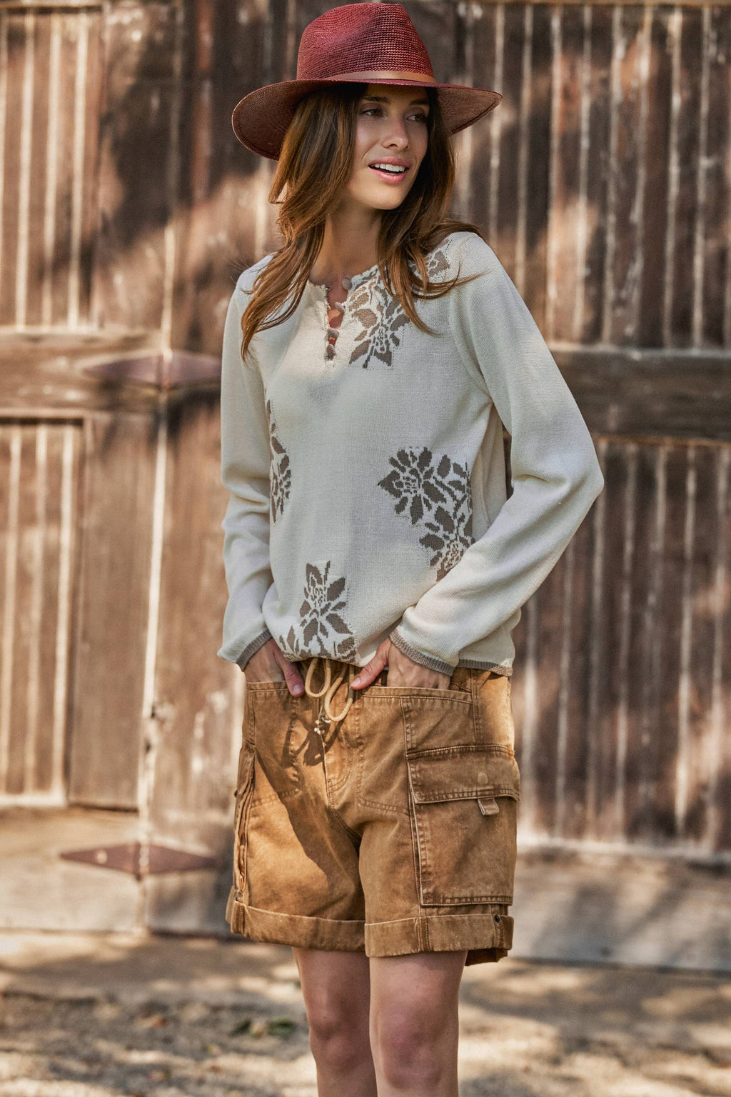 Floral Henley Knit Sweater With Buttons