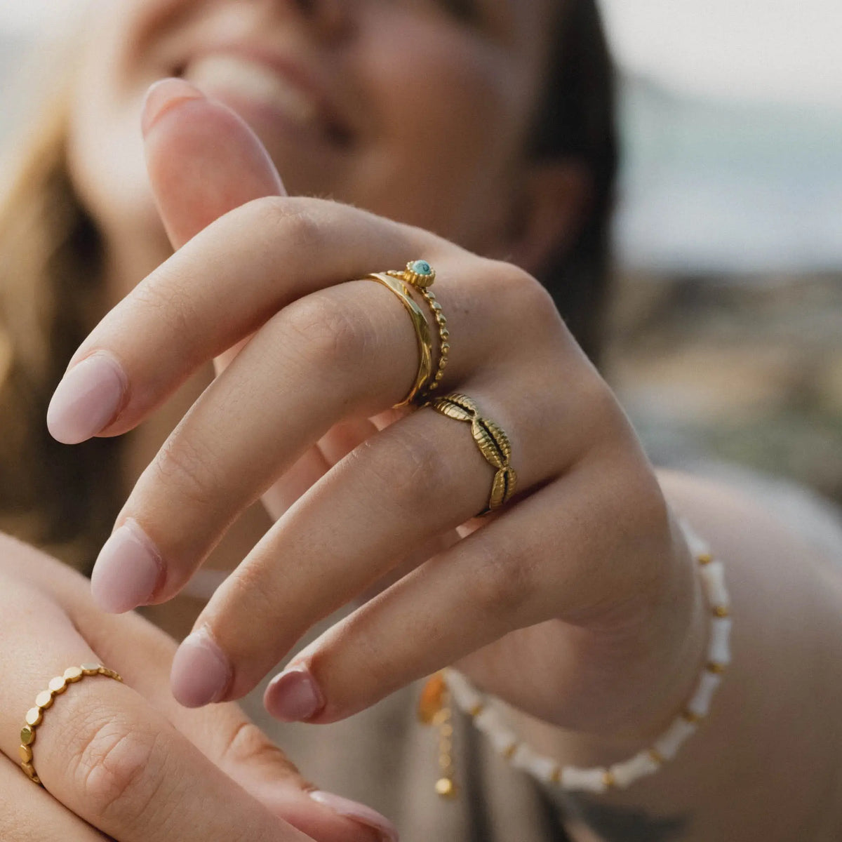 Turquoise Stone Double Ring, Waterproof Stainless Steel