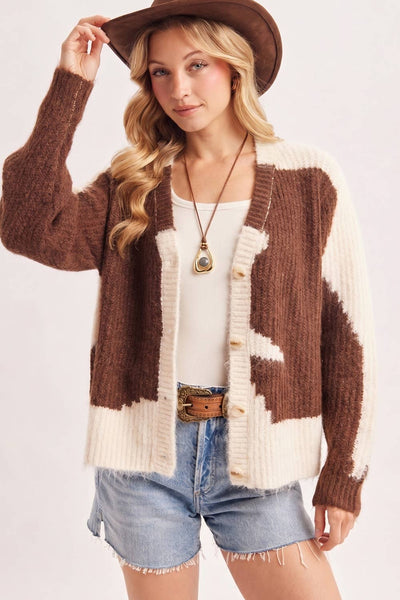 COWHIDE COLORBLOCK BUTTON DOWN FUZZY KNIT SWEATER CARDIGAN