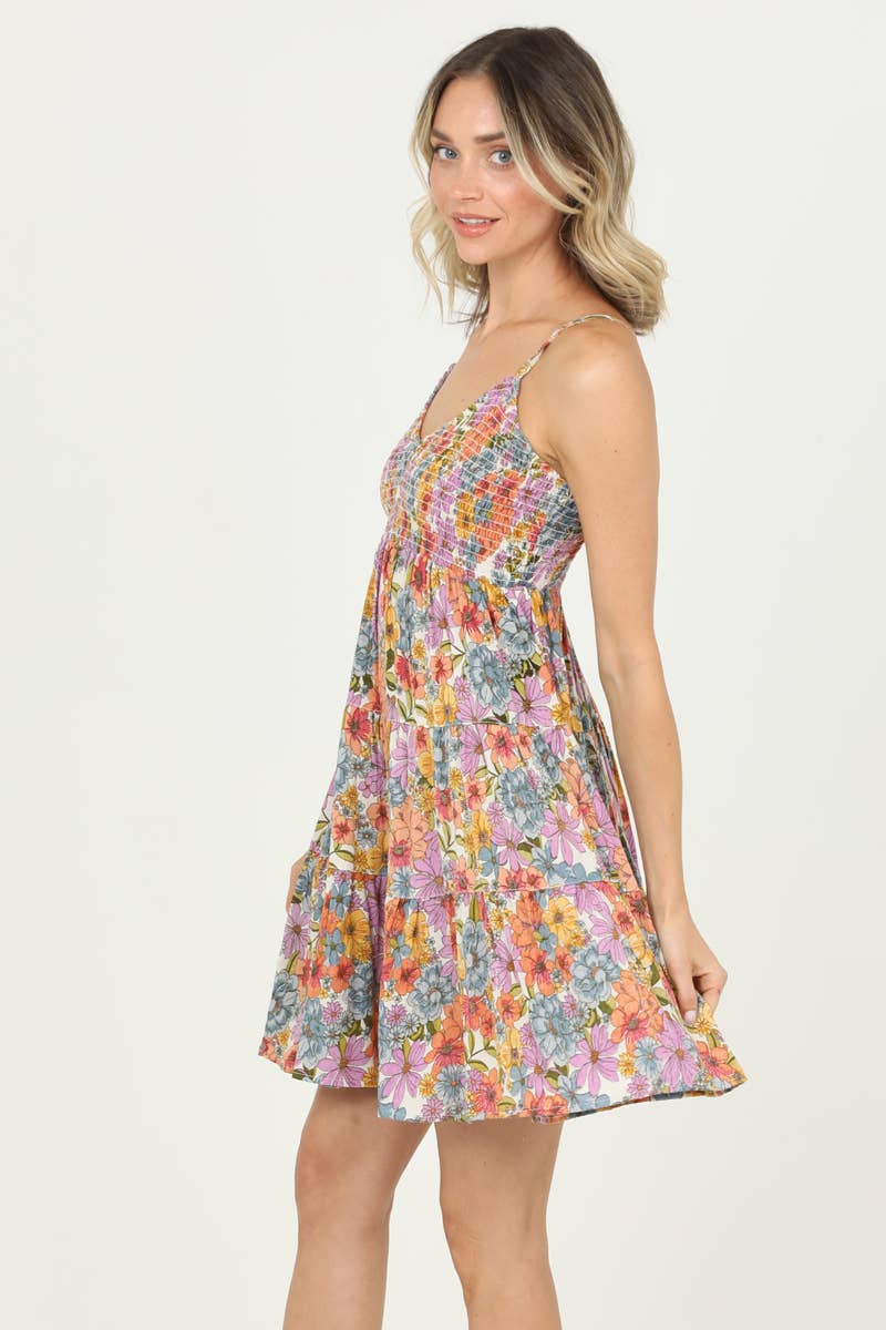 V NECK SMOCKED BUST TIERED SUNDRESS