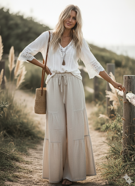 Linen Blend Tiered Wide Leg Palazzo Full Length Pants