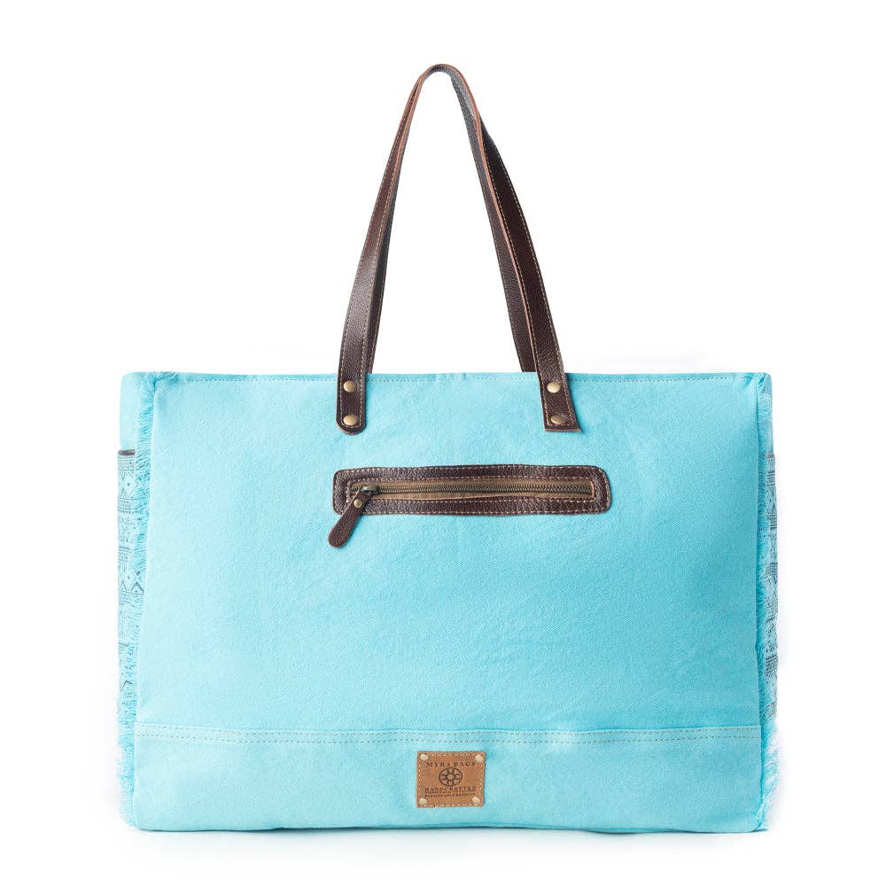Aztec Sky Western Weekender Bag for Women in turquoise with print detail