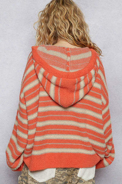 V-neck long sleeve striped hoodie mohair sweater top