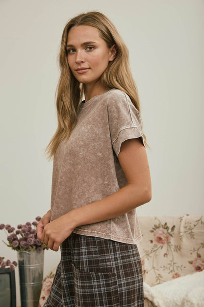 WASHED SHORT SLEEVE BOXY KNIT TOP
