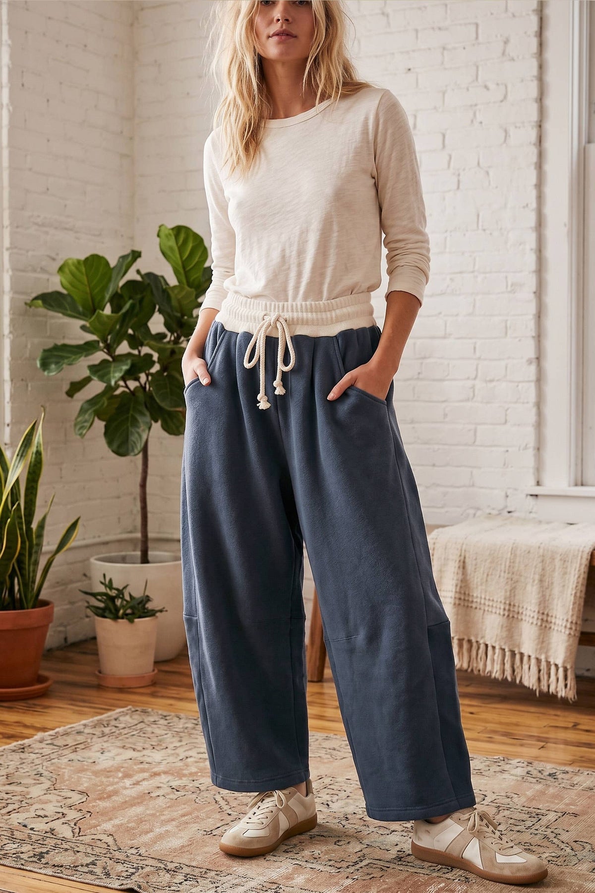 Fleece-Lined Oversized Barrel Leg Drawstring Pants