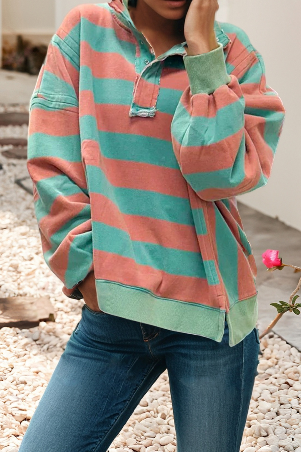 LDC Stripe Colorblock Split Collar Long Sleeve Top