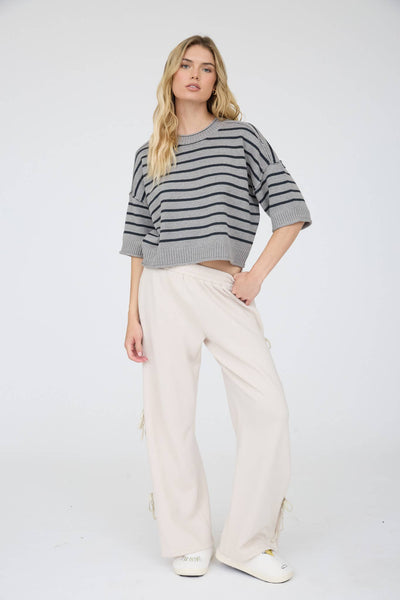 STRIPE RAW EDGE DROP SHOULDER SHORT SLEEVE SWEATER