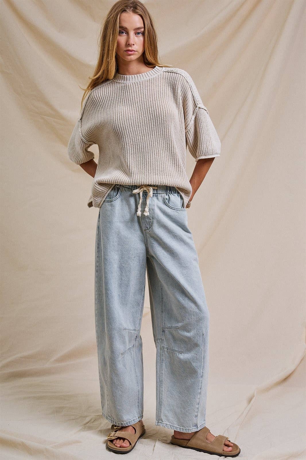 Relaxed Drawstring Barrel Denim Pants