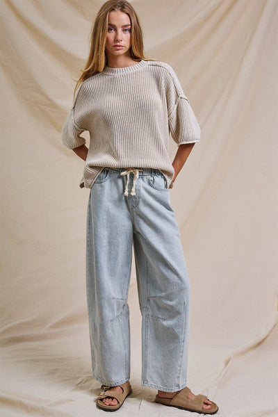 Relaxed Drawstring Barrel Denim Pants