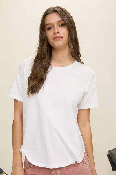 EXPOSED SEAM RAW EDGE SHORT SLEEVE KNIT TOP