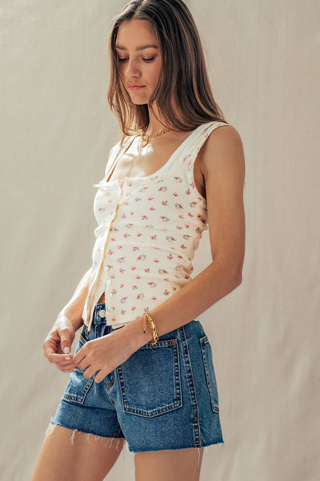 Ribbed Cotton Button-Front Picot Trim Tank