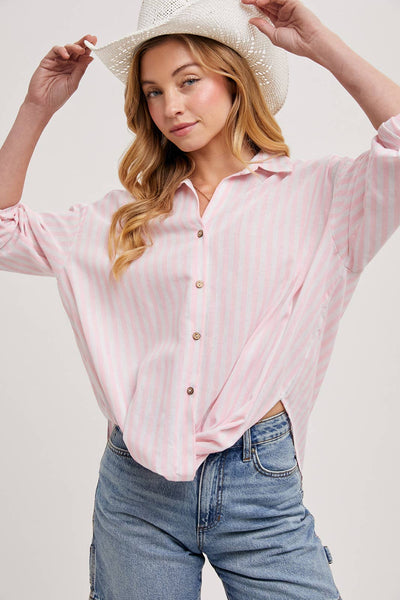 STRIPED BUTTON DOWN KNOTTED FRONT SHIRT
