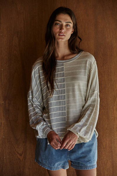 RJ2577 | Knit Cotton Ribbed Striped Half Contrast Top