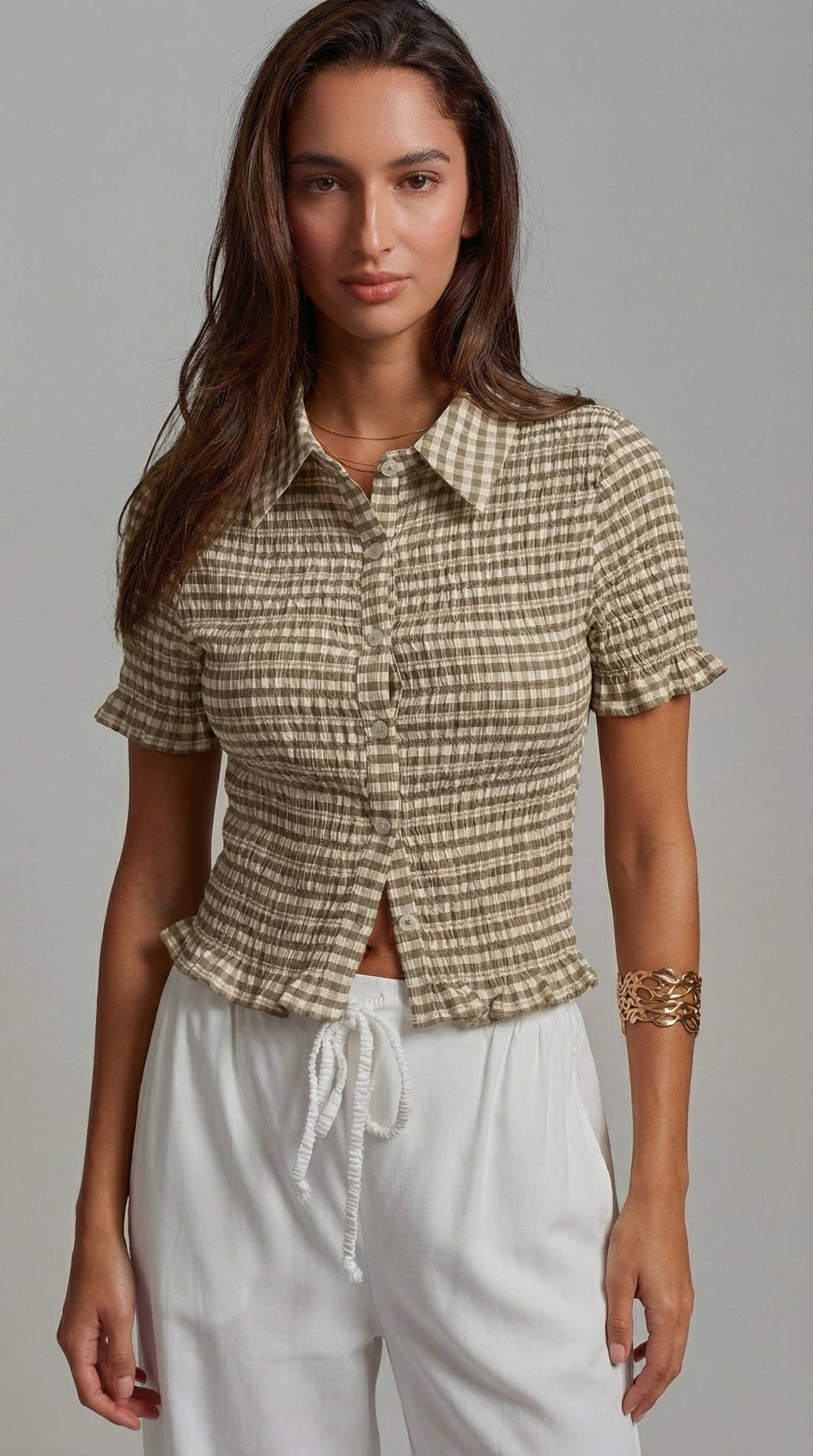 All-Over Smocked Gingham Button-Up Shirt
